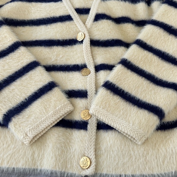 J. Crew Sweater Lady Jacket Cream and Navy Striped Brushed Yarn - Picture 2 of 5